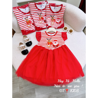 Xả Váy đầm noel kẻ đỏ ngắn tay cho bé gái