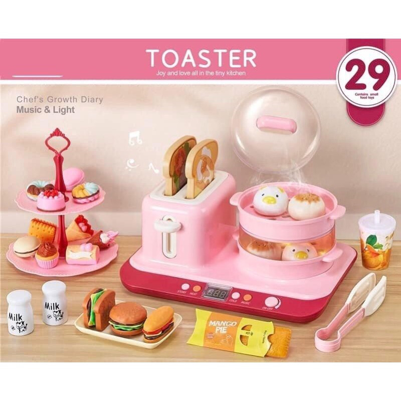 Bộ đồ chơi nấu ăn cho bé TOASTER 29 chi tiết Nồi Hấp kèm máy nướng bánh mỳ, ...