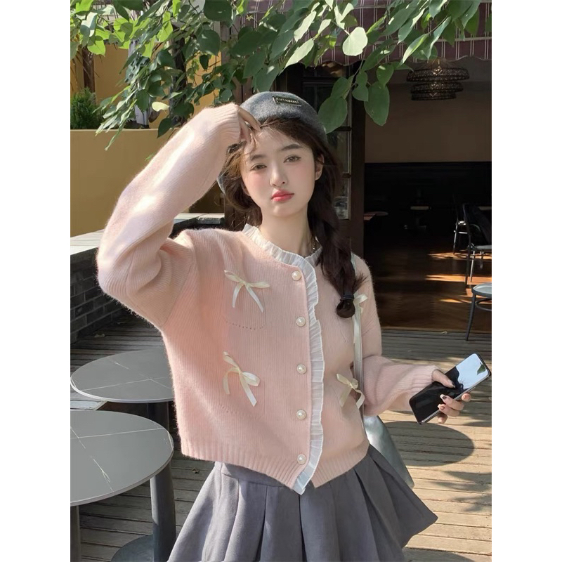 Áo Khoác Cardigan Len Dệt Kim Nơ Màu Hồng