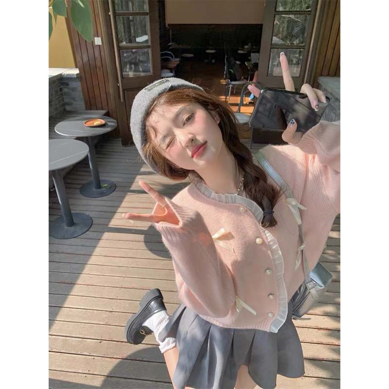 Áo Khoác Cardigan Len Dệt Kim Nơ Màu Hồng