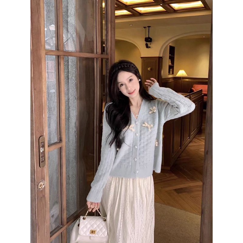 Áo Khoác Len Cardigan Phối Nơ Ren Màu Xanh Pastel