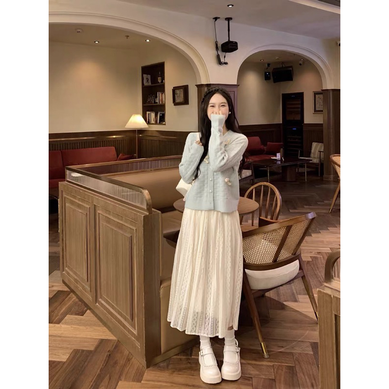 Áo Khoác Len Cardigan Phối Nơ Ren Màu Xanh Pastel