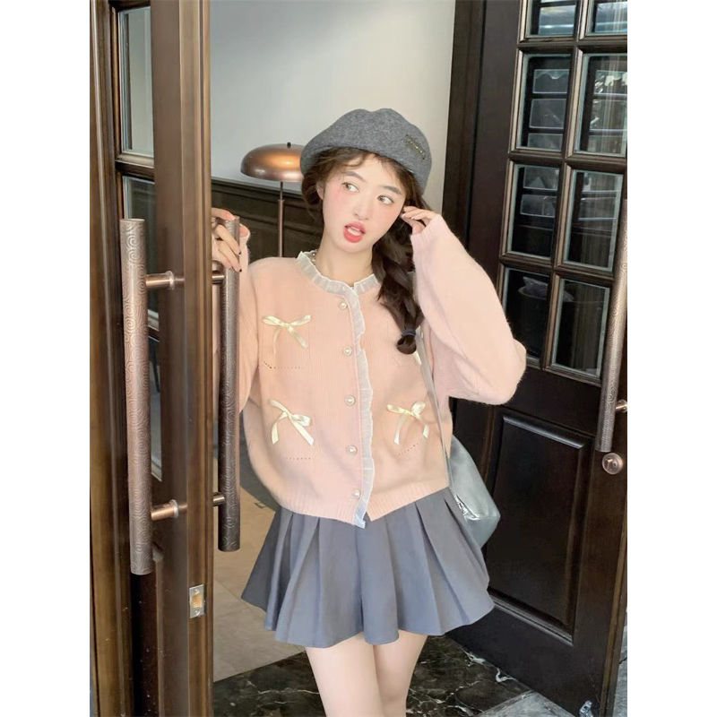 Áo Khoác Cardigan Len Dệt Kim Nơ Màu Hồng