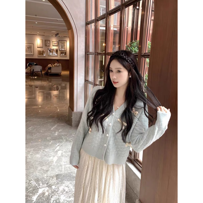 Áo Khoác Len Cardigan Phối Nơ Ren Màu Xanh Pastel