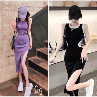 Đầm Gân Ôm Body Viền Khoắc Eo MaM, Váy Body xẻ Tà