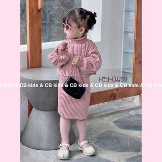 Set áo len thừng cổ cao kèm chân váy len cho bé gái