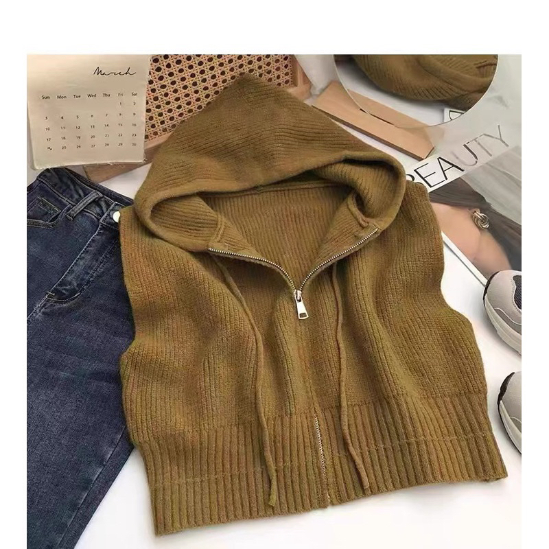 Áo ghile len hoodie mũ kéo khoá sát nách hàng quảng châu A321