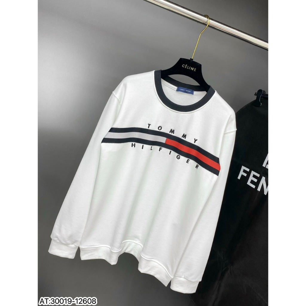 Áo phông dài tay nam nữ Tommy_Hilfiger in vạch sọc đen trắng đỏ chữ kí quanh áo. Áo Thun Form Rộng Unisex Siêu Hot