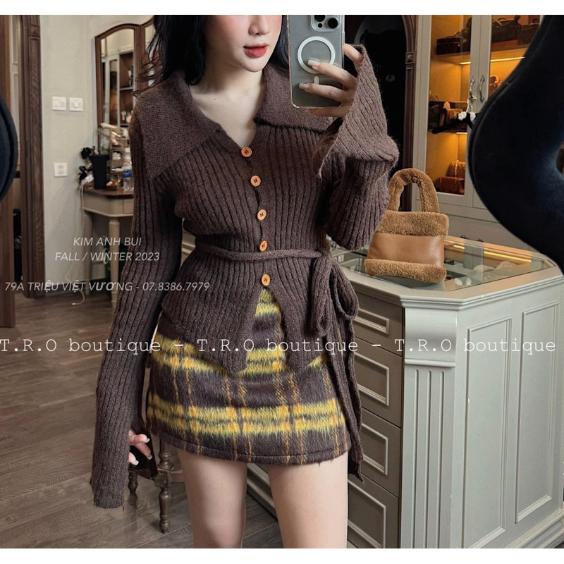 Set áo len thứt eo + chân váy lông chữ A