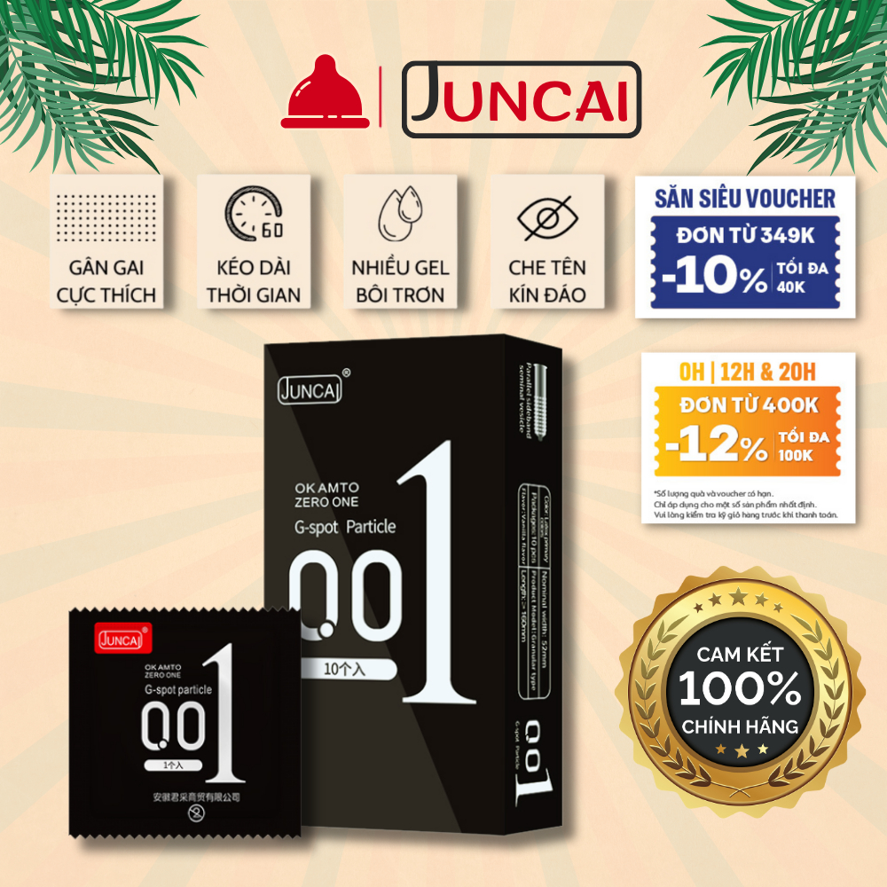Bao cao su siêu mỏng Juncai 0.01 Okamto Super thin size 52 cực mỏng nhiều gel bôi trơn, hương vani hộp 10 cái bcs