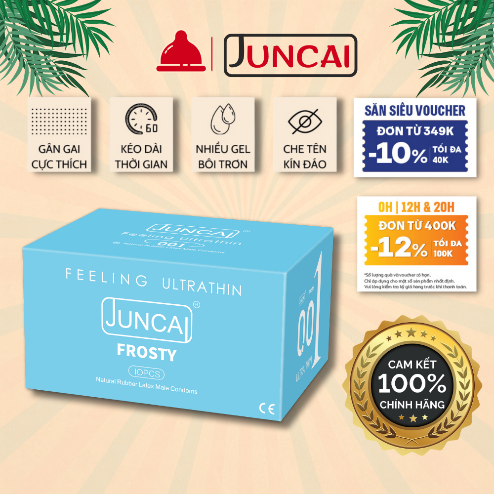 Bao cao su siêu mỏng Juncai 0.01 Okamto Super thin size 52 cực mỏng nhiều gel bôi trơn, hương vani hộp 10 cái bcs