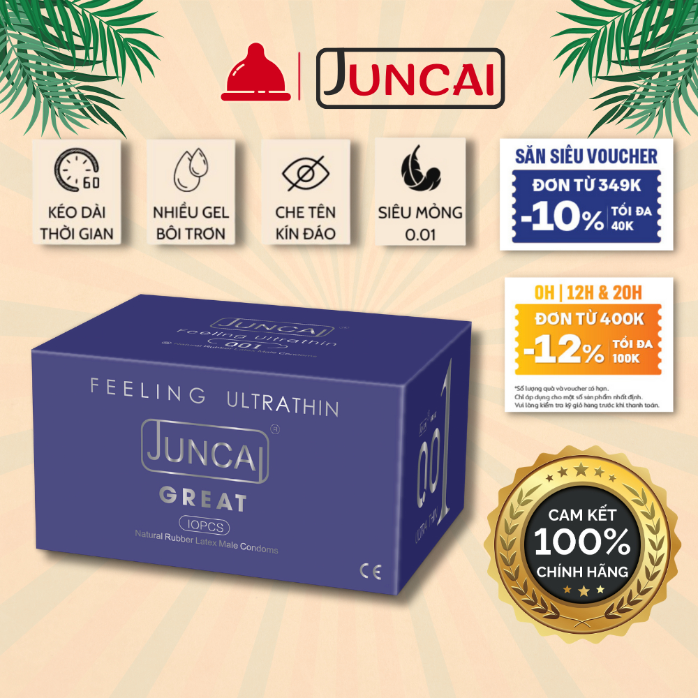 Bao cao su siêu mỏng Juncai 0.01 Okamto Super thin size 52 cực mỏng nhiều gel bôi trơn, hương vani hộp 10 cái bcs