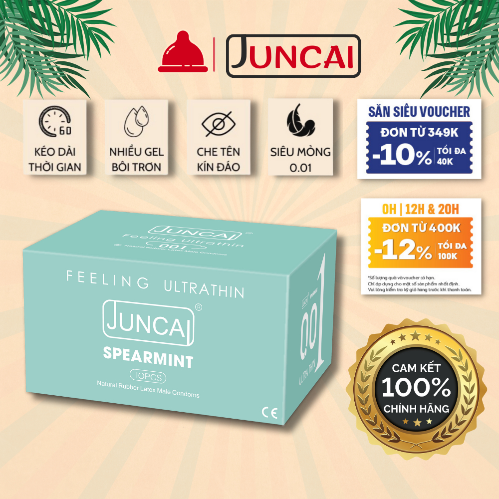 Bao cao su siêu mỏng Juncai 0.01 Okamto Super thin size 52 cực mỏng nhiều gel bôi trơn, hương vani hộp 10 cái bcs