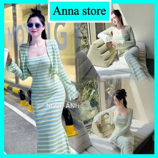 đầm 2 dây dáng dài in sọc chất thun gân tâm (kèm khoát) M1138