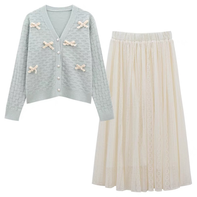 Áo Khoác Len Cardigan Phối Nơ Ren Màu Xanh Pastel