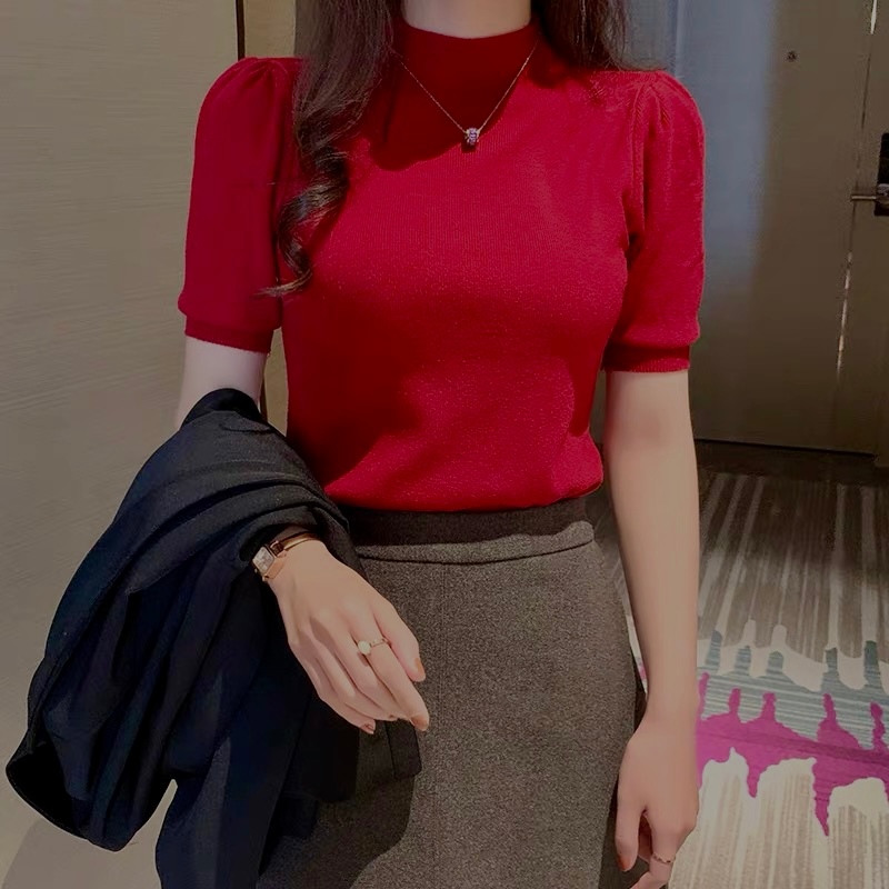 Áo len tay bồng nữ cổ lọ tay ngắn dáng ôm hàng dệt kim lông thỏ mềm mịn phong cách Hàn Quốc trẻ trung