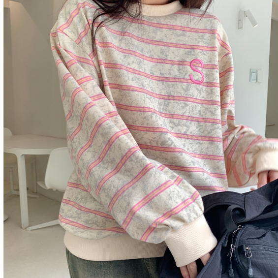 Áo thun sweater sọc hồng xám ngang tay bo gấu siêu ngọt ngào oversize chùm mông dấu quần ulzzang