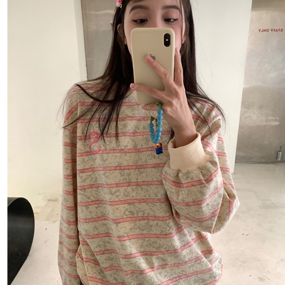 Áo thun sweater sọc hồng xám ngang tay bo gấu siêu ngọt ngào oversize chùm mông dấu quần ulzzang