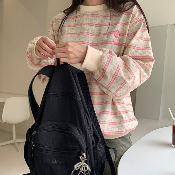 Áo thun sweater sọc hồng xám ngang tay bo gấu siêu ngọt ngào oversize chùm mông dấu quần ulzzang