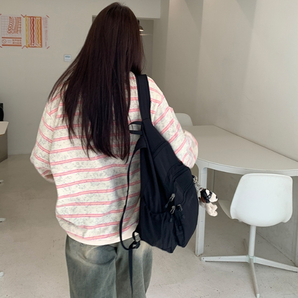 Áo thun sweater sọc hồng xám ngang tay bo gấu siêu ngọt ngào oversize chùm mông dấu quần ulzzang