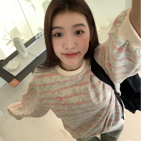 Áo thun sweater sọc hồng xám ngang tay bo gấu siêu ngọt ngào oversize chùm mông dấu quần ulzzang