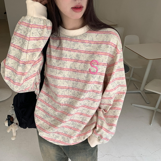 Áo thun sweater sọc hồng xám ngang tay bo gấu siêu ngọt ngào oversize chùm mông dấu quần ulzzang