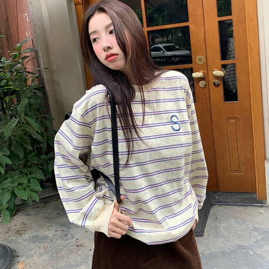 Áo thun sweater sọc hồng xám ngang tay bo gấu siêu ngọt ngào oversize chùm mông dấu quần ulzzang