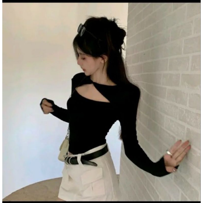 Áo thun tay dài xoắn ngực sexy dáng ôm chất vải dày dặn