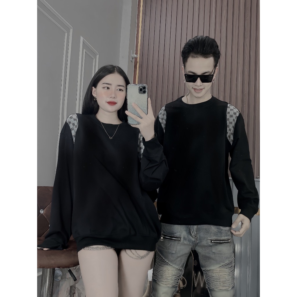 Áo nỉ thu đông thêu chữ B ở cầu vai nam nữ đều mặc được 2 màu trắng và đen