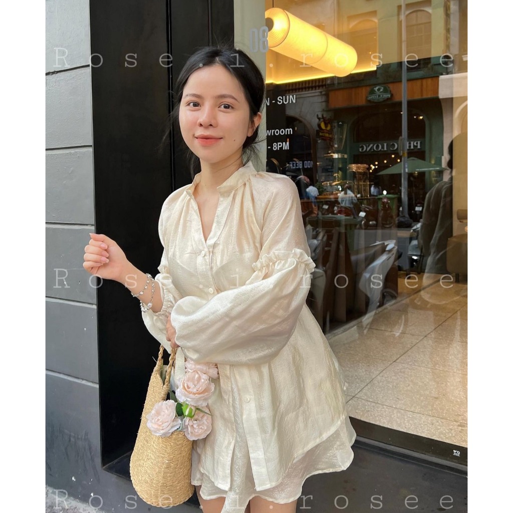 SET TƠ 3 MÓN KEM: ÁO SƠ MI TƠ BÈO TAY PHỒNG BO CHUN + ÁO ỐNG CROPTOP KEM +  CHÂN VÁY TƠ KEM ÁNH NHŨ LƯNG THUN