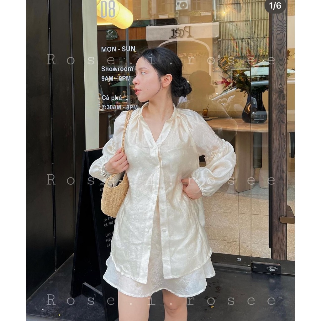 SET TƠ 3 MÓN KEM: ÁO SƠ MI TƠ BÈO TAY PHỒNG BO CHUN + ÁO ỐNG CROPTOP KEM +  CHÂN VÁY TƠ KEM ÁNH NHŨ LƯNG THUN