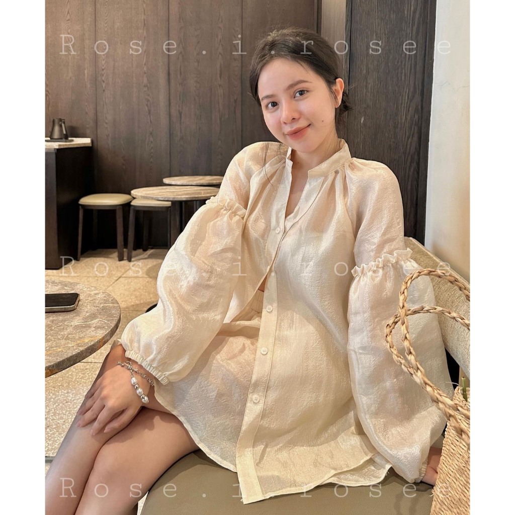 SET TƠ 3 MÓN KEM: ÁO SƠ MI TƠ BÈO TAY PHỒNG BO CHUN + ÁO ỐNG CROPTOP KEM +  CHÂN VÁY TƠ KEM ÁNH NHŨ LƯNG THUN