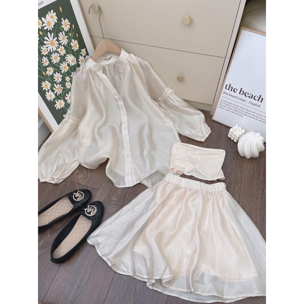 SET TƠ 3 MÓN KEM: ÁO SƠ MI TƠ BÈO TAY PHỒNG BO CHUN + ÁO ỐNG CROPTOP KEM +  CHÂN VÁY TƠ KEM ÁNH NHŨ LƯNG THUN