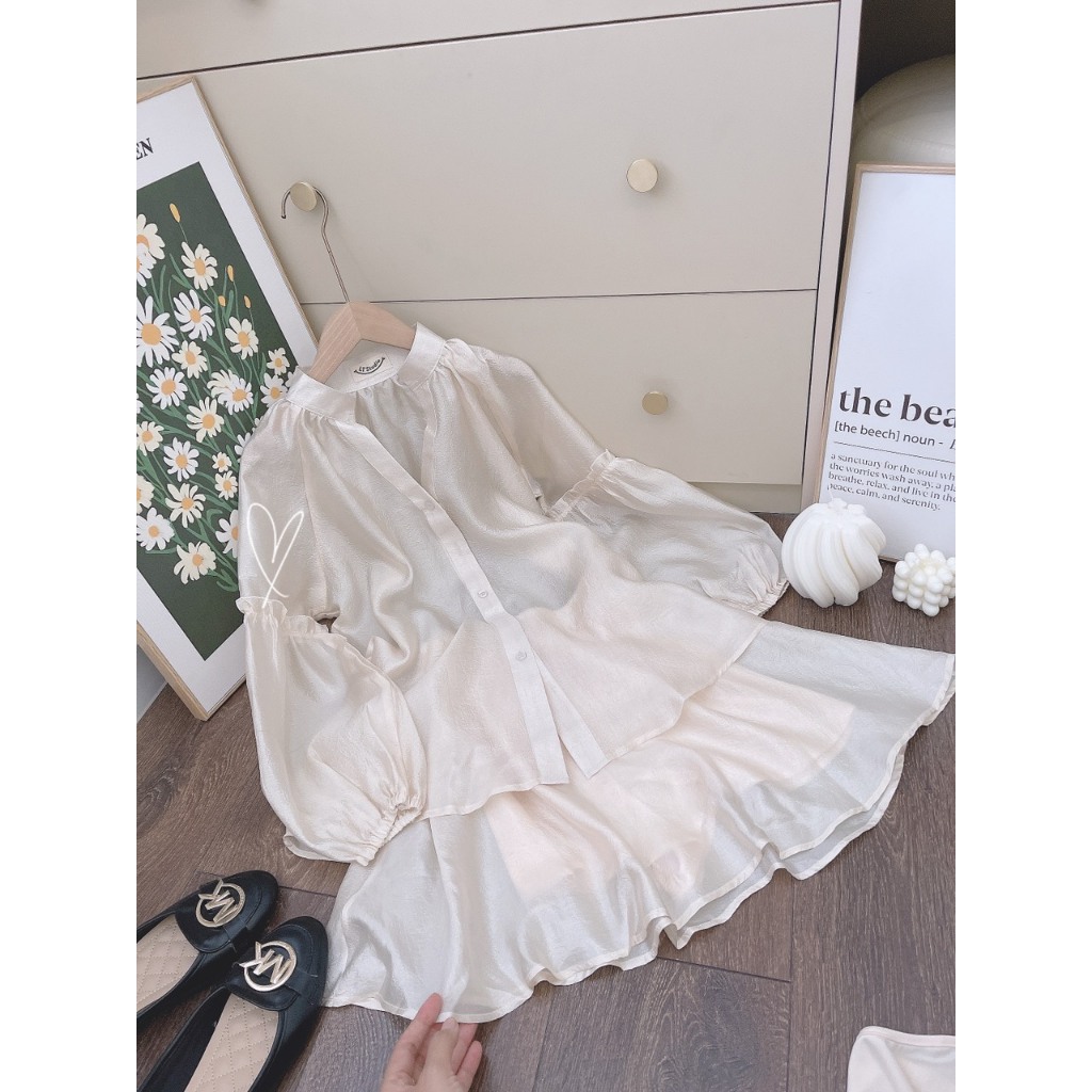 SET TƠ 3 MÓN KEM: ÁO SƠ MI TƠ BÈO TAY PHỒNG BO CHUN + ÁO ỐNG CROPTOP KEM +  CHÂN VÁY TƠ KEM ÁNH NHŨ LƯNG THUN