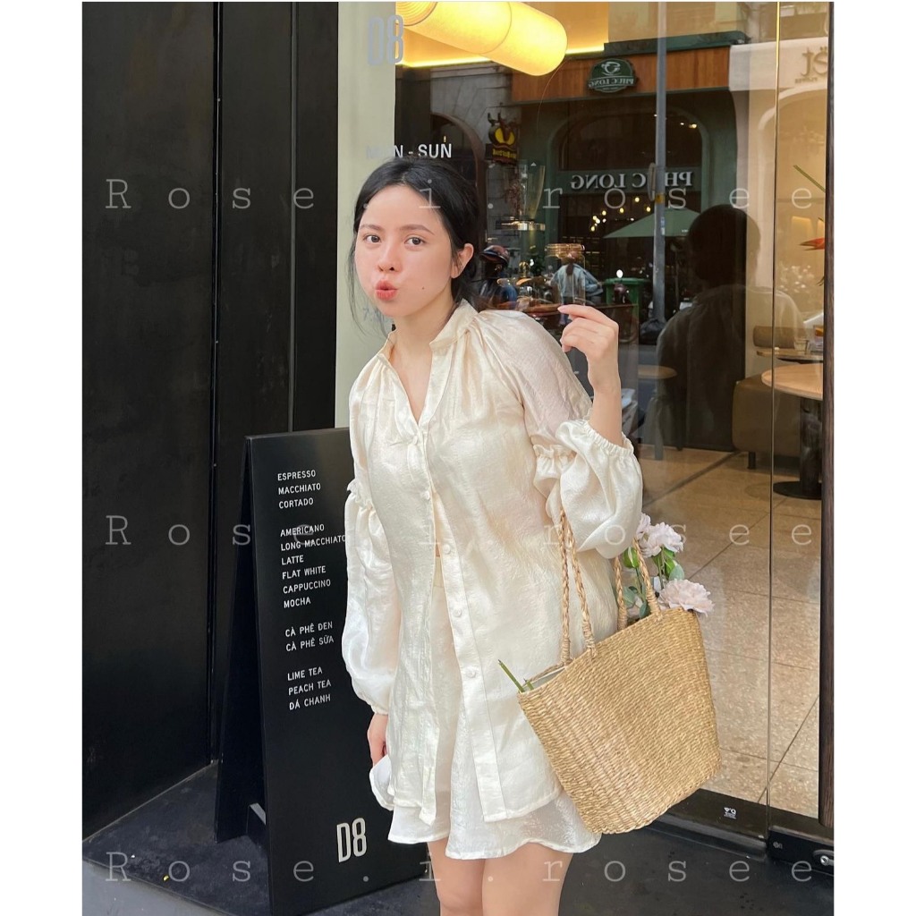 SET TƠ 3 MÓN KEM: ÁO SƠ MI TƠ BÈO TAY PHỒNG BO CHUN + ÁO ỐNG CROPTOP KEM +  CHÂN VÁY TƠ KEM ÁNH NHŨ LƯNG THUN