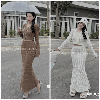 Set len lông thỏ cài khuy phối chân váy đuôi cá dáng dài