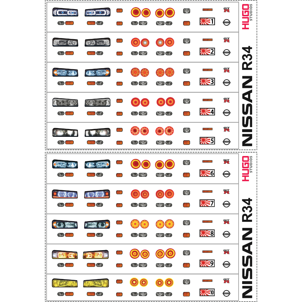Hugo Studios Decal trượt nước đèn xe Nissan R34 tỉ lệ 1/64 chưa phủ clear