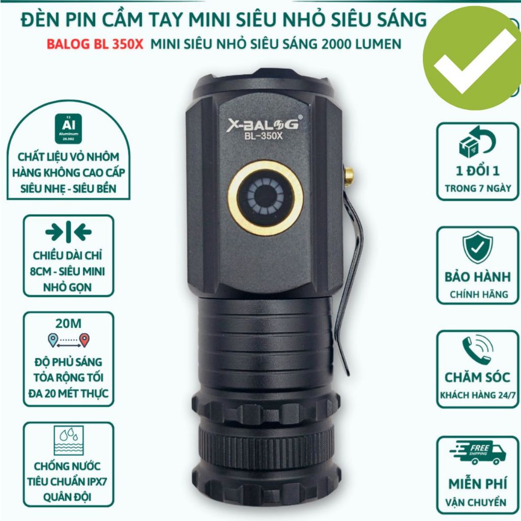 Đèn pin cầm tay mini siêu nhỏ siêu sáng tỏa X-BALOG 350X vỏ nhôm chống nước IPX7 độ sáng tối đa 2000 lumen Đèn cầm tay