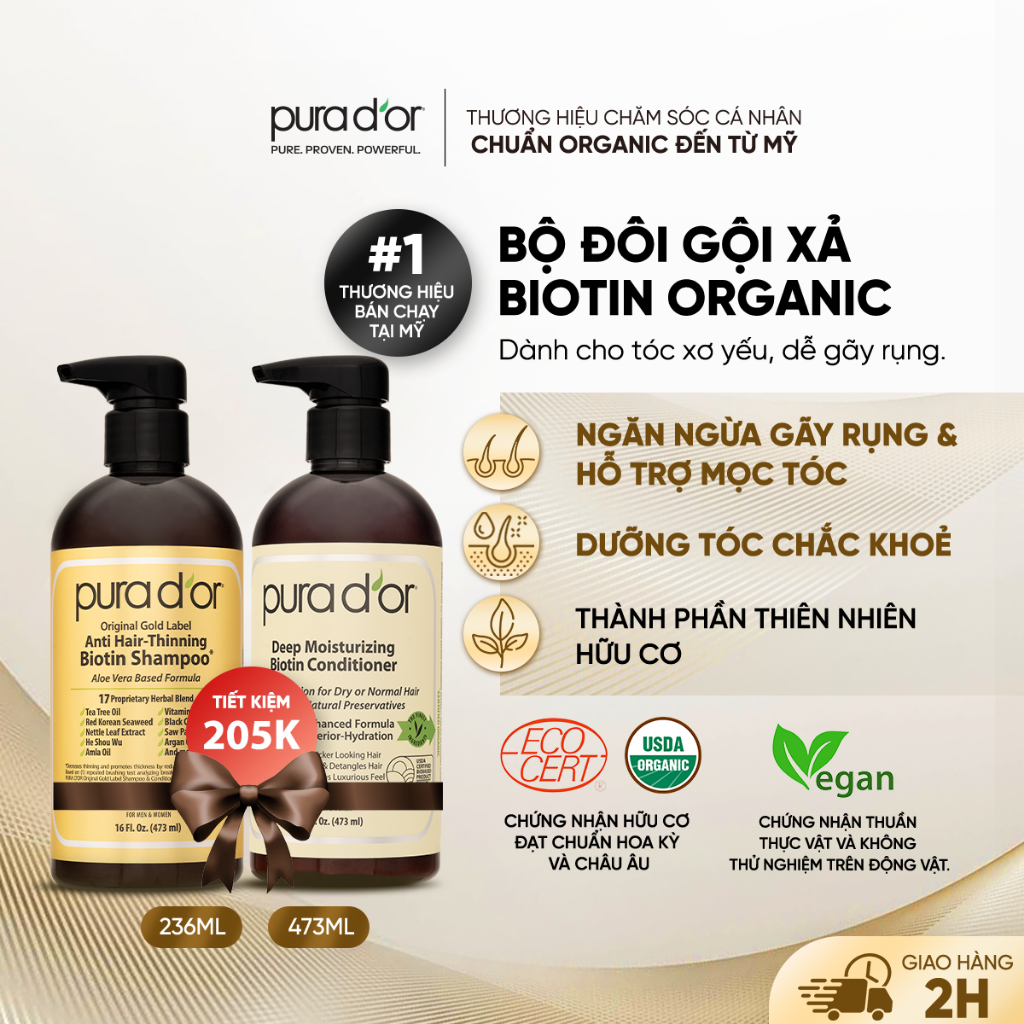 Combo Dầu Gội Dầu Xả Biotin Gold Label 236ML 473ML Organic Giảm Rụng Tóc PURA DOR
