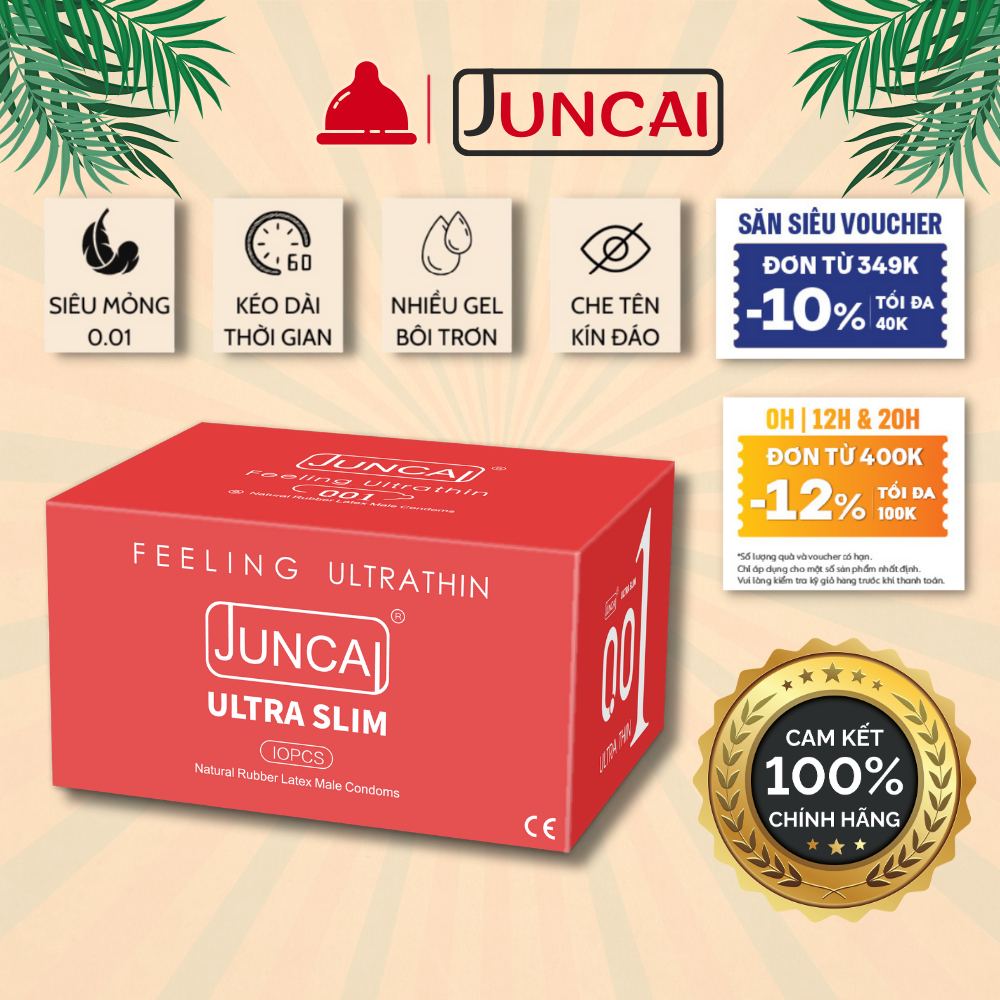 Bao cao su siêu mỏng Juncai 0.01 Okamto Super thin size 52 cực mỏng nhiều gel bôi trơn, hương vani hộp 10 cái bcs