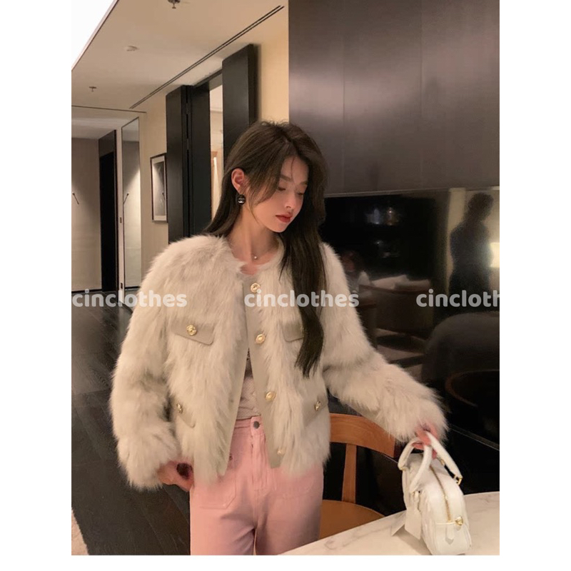 Áo Khoác Lông Dáng Ngắn, Áo Lông Khoác Ngoài Phối Túi Da Khuy Đồng Sang Chảnh Khoác Ngoài Mùa Đông