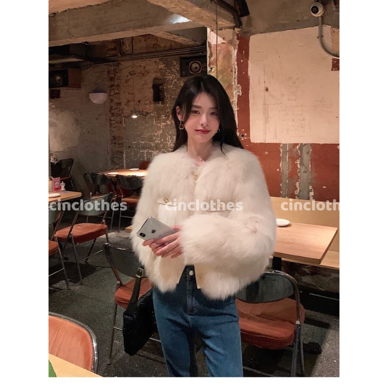 Áo Khoác Lông Dáng Ngắn, Áo Lông Khoác Ngoài Phối Túi Da Khuy Đồng Sang Chảnh Khoác Ngoài Mùa Đông