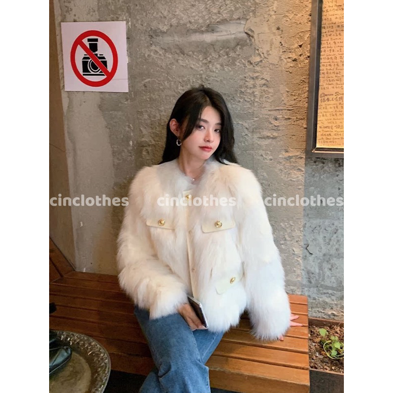 Áo Khoác Lông Dáng Ngắn, Áo Lông Khoác Ngoài Phối Túi Da Khuy Đồng Sang Chảnh Khoác Ngoài Mùa Đông
