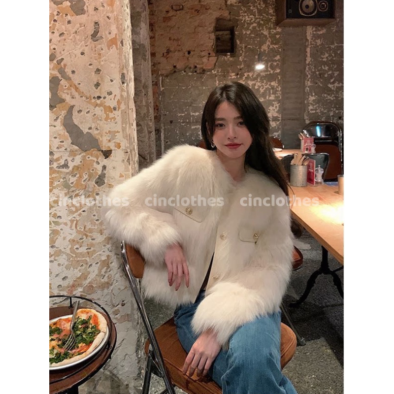 Áo Khoác Lông Dáng Ngắn, Áo Lông Khoác Ngoài Phối Túi Da Khuy Đồng Sang Chảnh Khoác Ngoài Mùa Đông