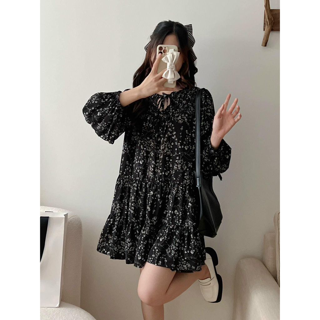 Đầm babydoll hoa nhí dài tay dáng vintage