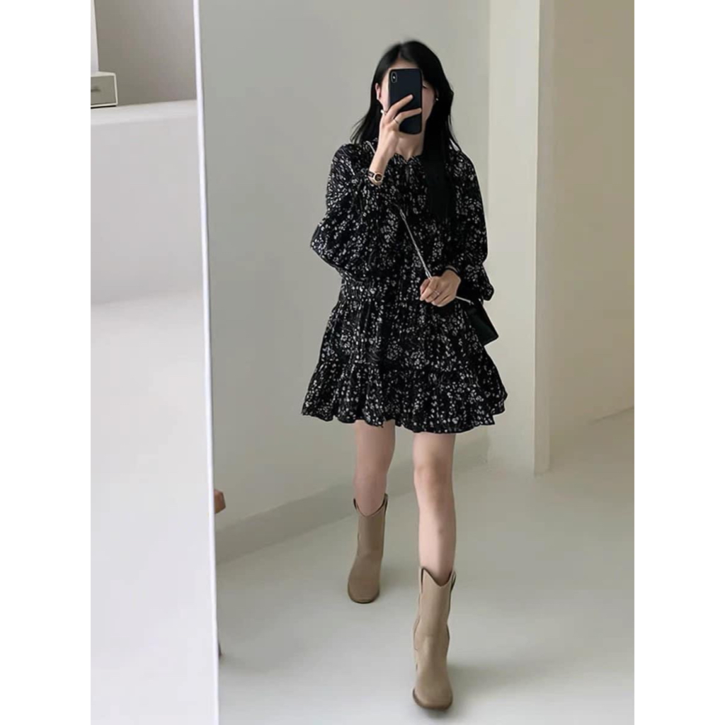 Đầm babydoll hoa nhí dài tay dáng vintage