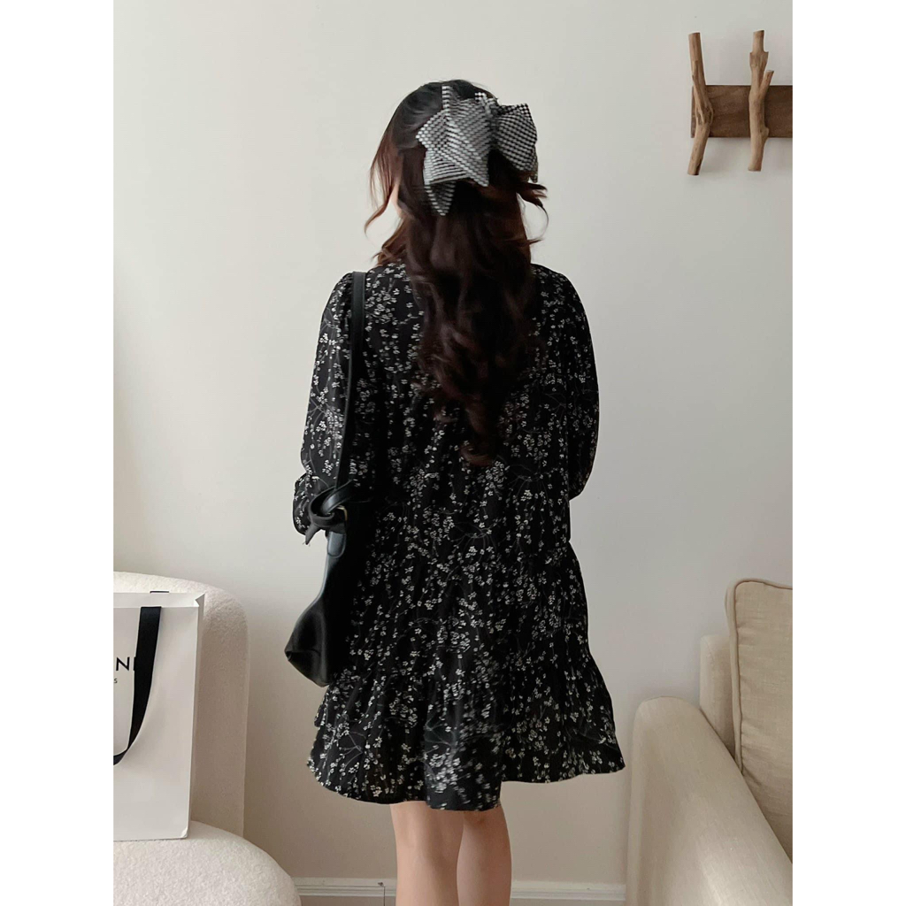 Đầm babydoll hoa nhí dài tay dáng vintage
