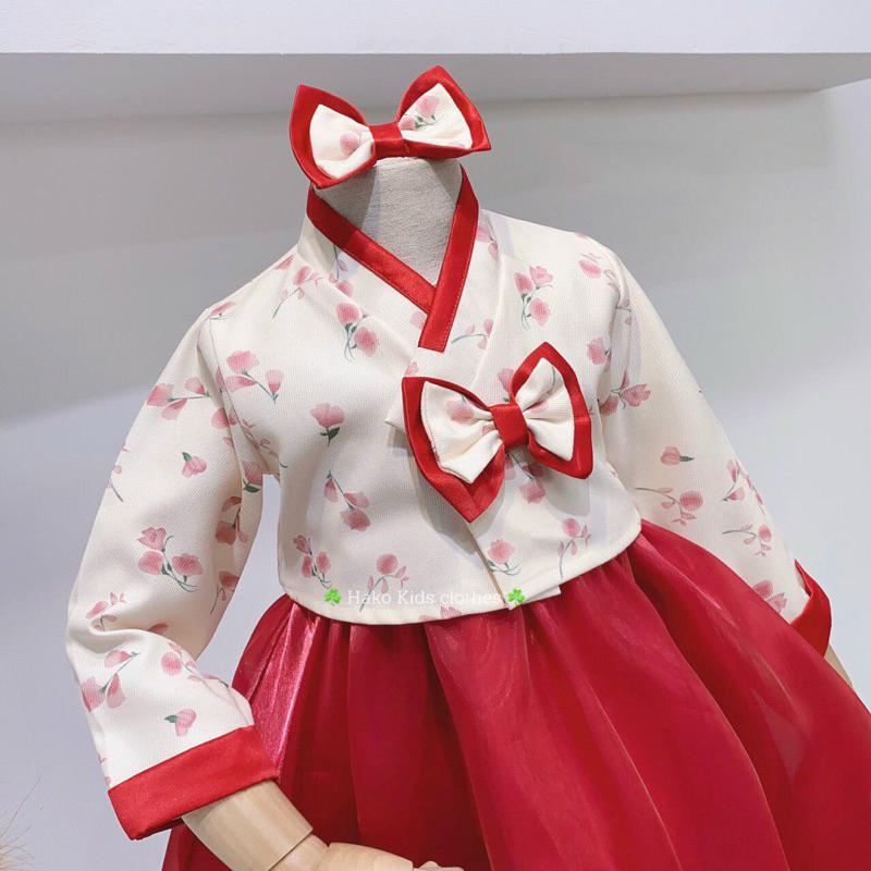 Sét bộ hanbok cách tân hoa nhí tặng kèm nơ cho bé gái