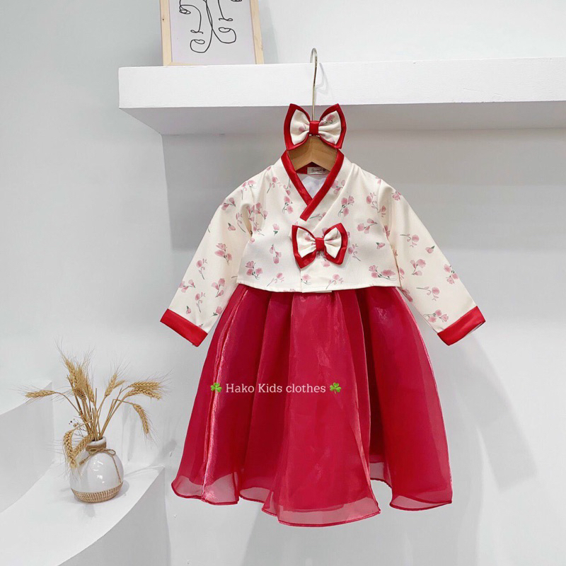 Sét bộ hanbok cách tân hoa nhí tặng kèm nơ cho bé gái