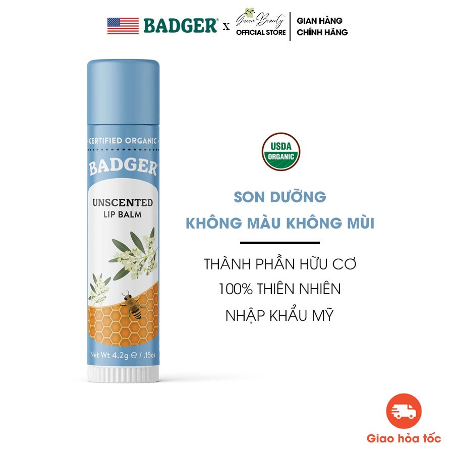 Son Dưỡng Môi Mềm Thiên Nhiên Hữu Cơ USDA Organic Lành Tính Không Màu Không Mùi BADGER - Classic Unscented Lip Balm 4.2g